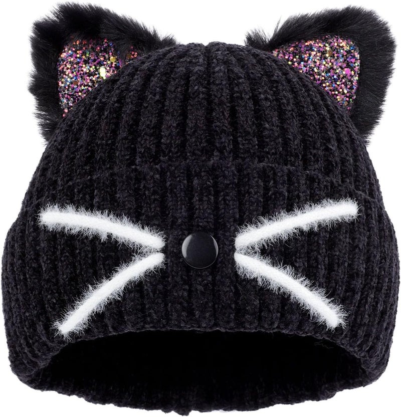 ACTLATI Little Girls Sequin Cat Ears Hats Cute Warm Knit Beanie Hat for Kids Winter Outdoor Snow Ski Skull Cap 3-8 Years - Image 1